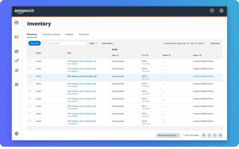 Amazon-Ads-Inventory-Dashboard-Private-Auction-Campaigns.jpg - Venture Forge Amazon Ads Inventory dashboard showcasing active private auction campaigns with details like pricing and source information.