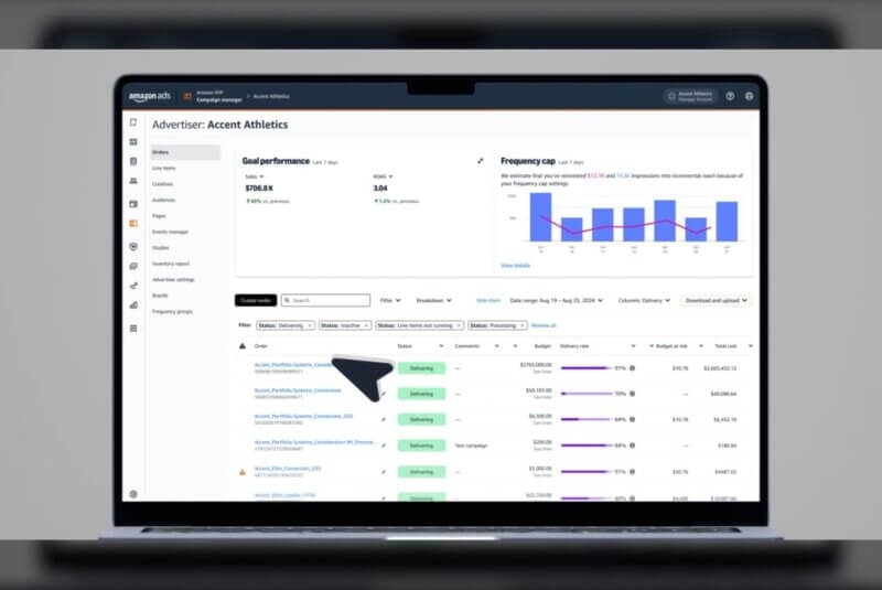 Amazon-DSP-Campaign-Manager-Dashboard-Performance-Overview.jpg - Venture Forge Amazon DSP campaign dashboard displayed on a laptop, showcasing performance metrics such as sales, ROAS, and frequency cap.