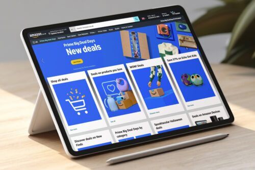 Tablet displaying Amazon Prime Big Deal Days webpage with promotional deals and product categories shown on screen.