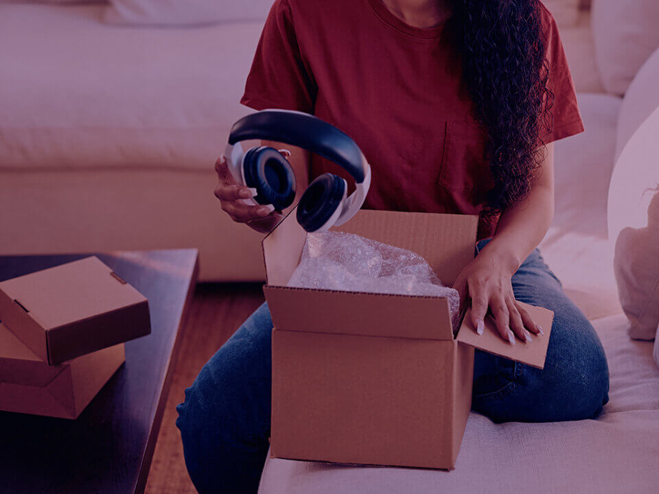 Women opening box with headphones in