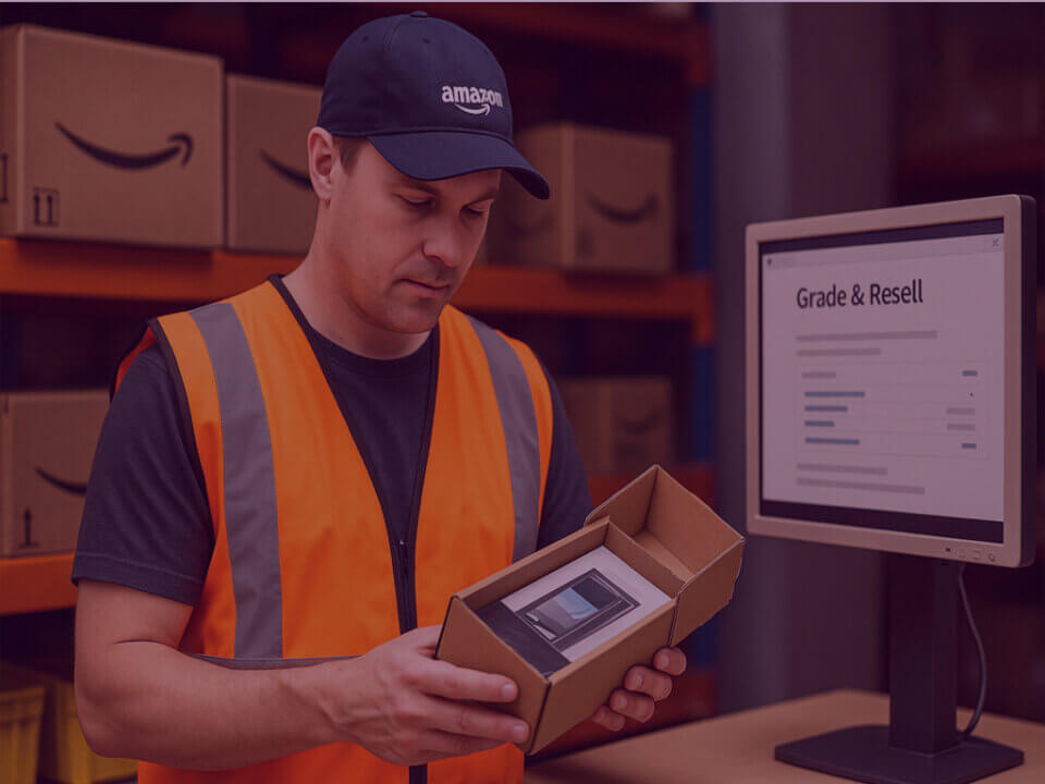 Can Amazon’s Grade & Resell really turn Returns into Revenue? - Venture Forge Image of an Amazon worker inspecting returned packages to see if they're eligible for reselling.
