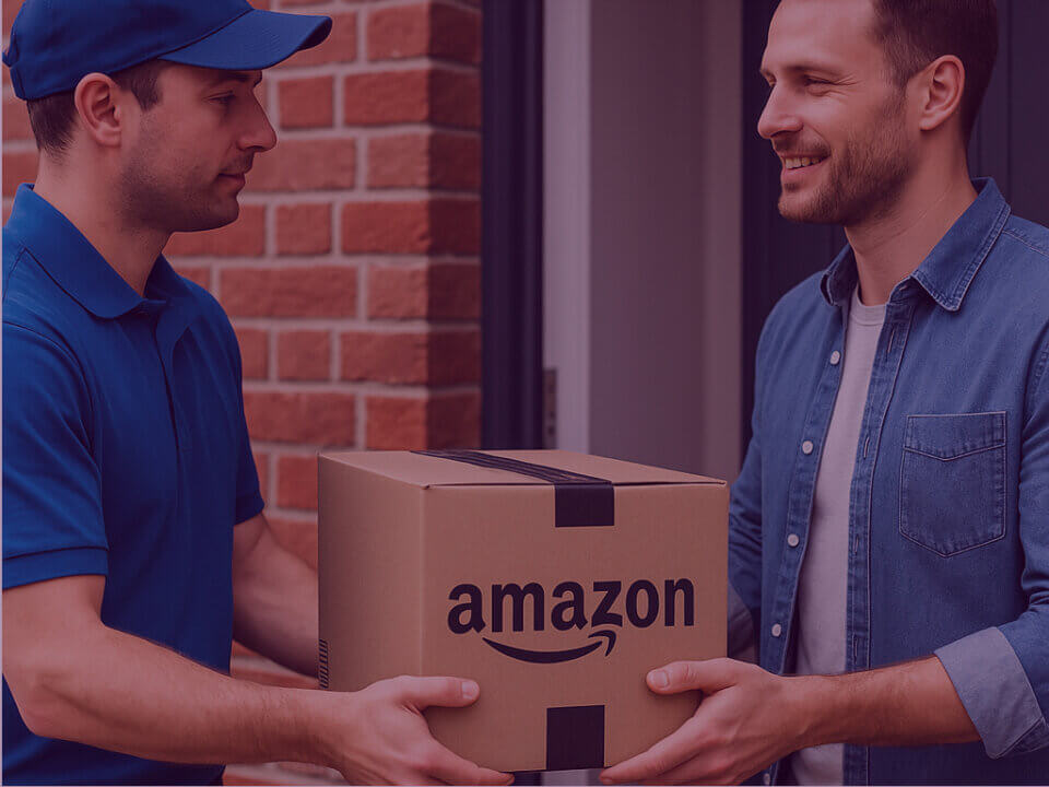 Selling into Amazon Ireland just got a whole lot easier - Venture Forge Image of delivery driver dropping off Amazon parcel to an Irish resident