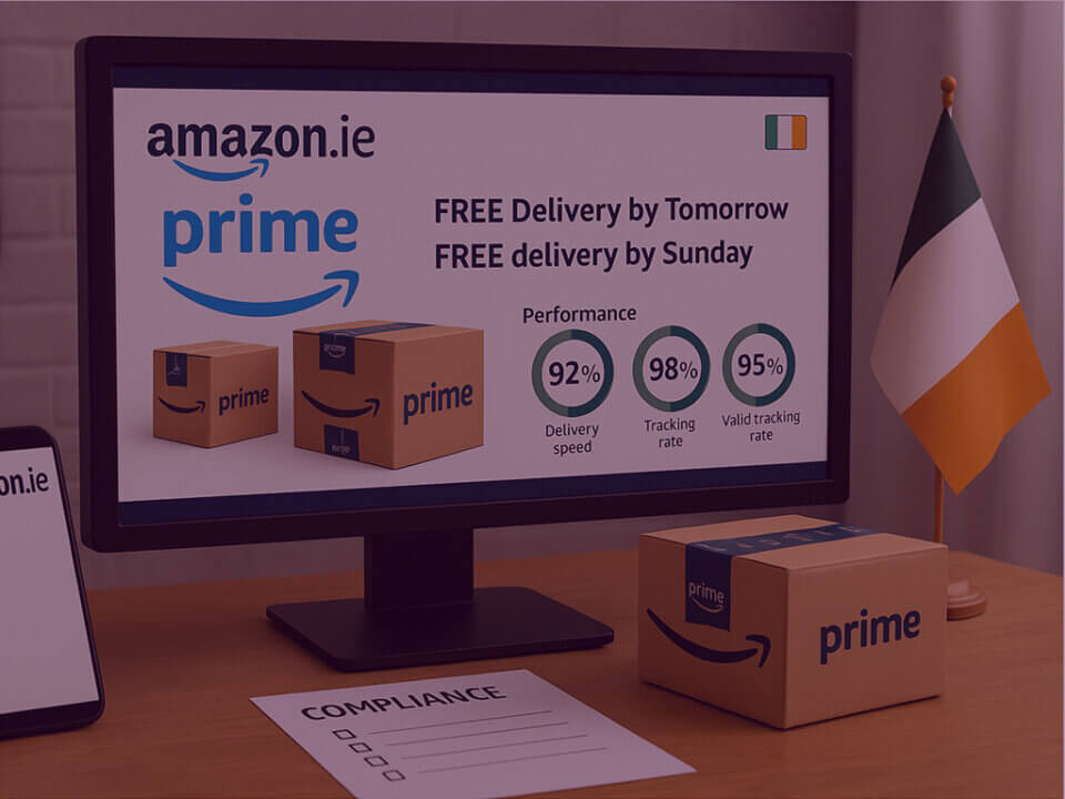 880 11 5 - Venture Forge An Irish flag on a desk next to a computer screen displaying the new delivery rules on Amazon.ie.