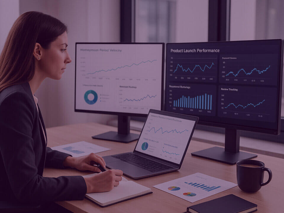 6 Metrics every Amazon Launch should track (or risk falling flat) - Venture Forge Image of Amazon Ads team reviewing Amazon Metrics