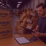 Man in an Amazon warehouse inspecting returned Prime Day parcels.
