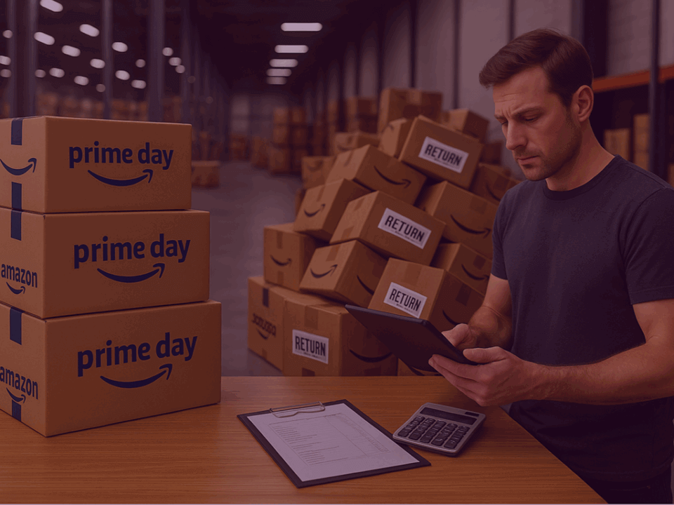880 8 13 - Venture Forge Man in an Amazon warehouse inspecting returned Prime Day parcels.