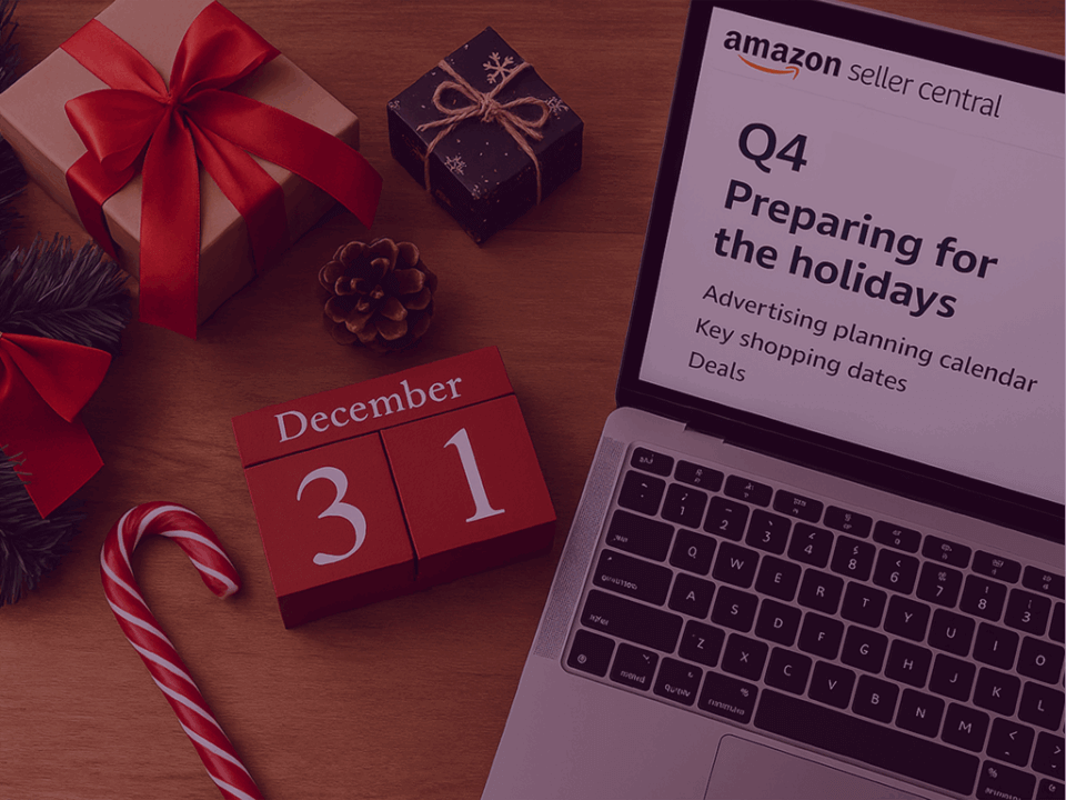 Amazon Q4 2025 holiday planning strategy - Venture Forge Laptop displaying Amazon Seller Central Q4 2025 holiday planning guide with December 31 calendar block, gifts, and Christmas decorations.