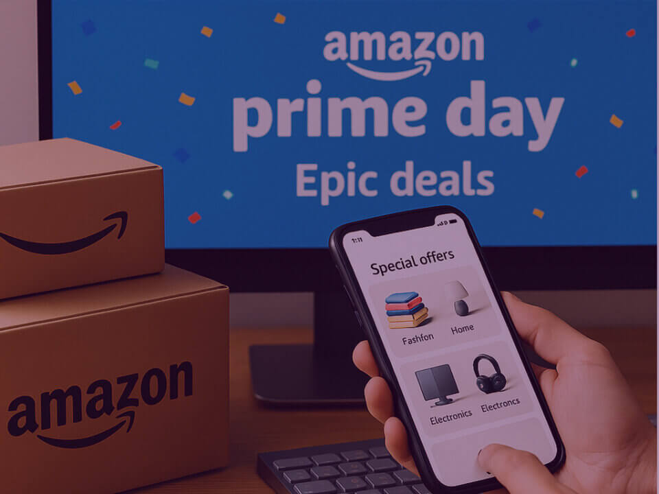 Amazon Prime Day epic deals - Venture Forge Hand holding a smartphone showing Amazon special offers, with Prime Day “Epic deals” banner and Amazon boxes in the background.