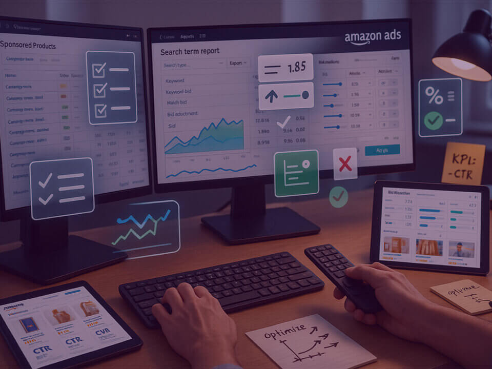 Amazon Ads dashboards showing performance analytics and optimisation metrics for advertising strategy improvement.