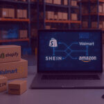 Amazon Multi-Channel Fulfilment (MCF) integration with Shopify, Walmart, and SHEIN shown on a laptop in a warehouse setting.