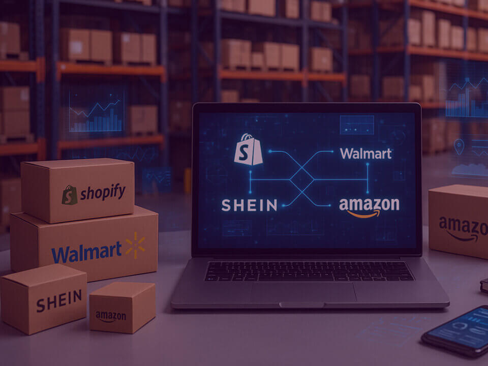 Amazon Multi-Channel Fulfilment (MCF) integration with Shopify, Walmart, and SHEIN shown on a laptop in a warehouse setting.