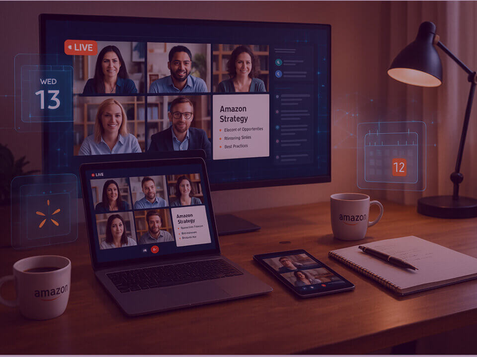 Amazon strategy webinar in progress on laptop and monitor, showing live and on-demand session for e-commerce brands by Venture Forge.