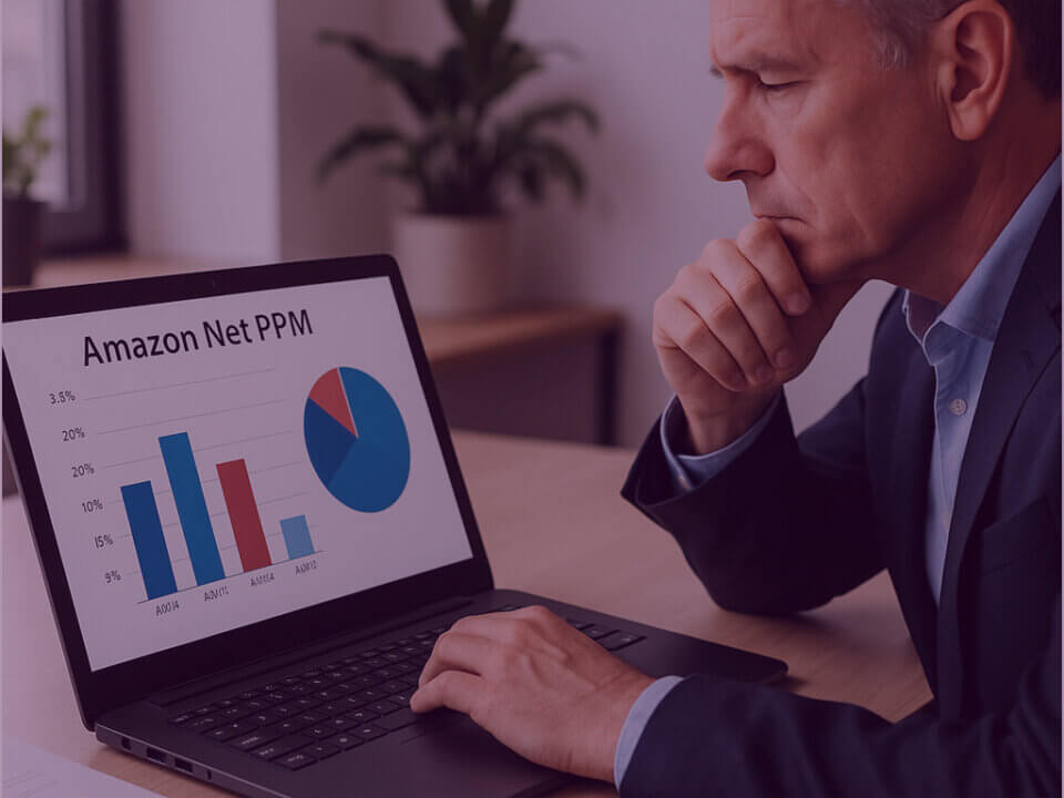 Amazon Net PPM analysis on laptop - Venture Forge Amazon Account Manager analysing Amazon Net PPM data on a laptop with bar and pie charts.