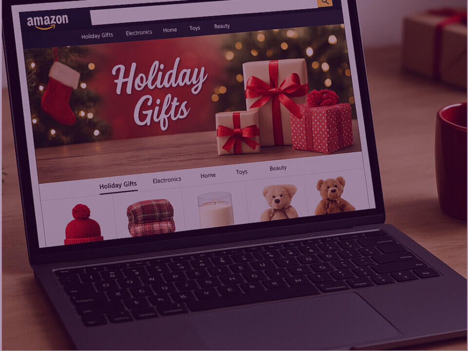 Amazon Holiday Gifts webpage on laptop - Venture Forge Laptop screen displaying Amazon’s Holiday Gifts page with wrapped presents and Christmas decorations.