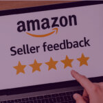 Laptop screen showing Amazon Seller Feedback with five gold stars and a hand pointing.