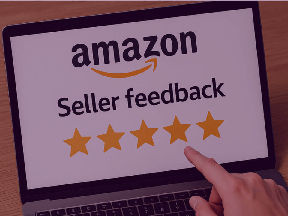 Amazon Seller Feedback rating - Venture Forge Laptop screen showing Amazon Seller Feedback with five gold stars and a hand pointing.