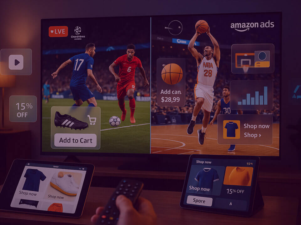 Amazon Ads turning live sport into a shoppable experience, showing on-screen product ads during a football and basketball broadcast.
