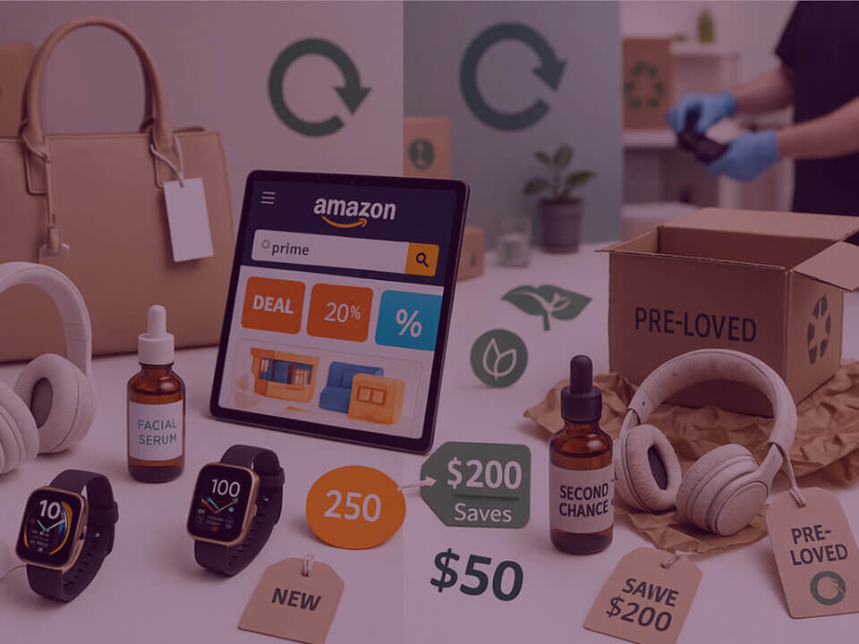 Amazon Second Chance Deal Days promotion showing pre-loved and refurbished products with discount offers and sustainability messaging.