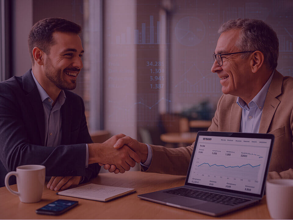 Two professionals shaking hands over an Amazon performance dashboard, representing human connection and data-driven growth.