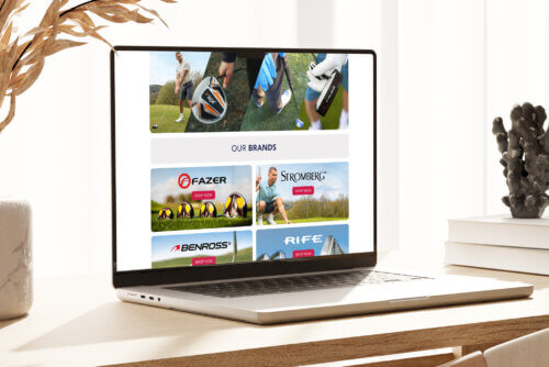 American Golf – Venture Forge - Venture Forge Laptop displaying the American Golf website with featured brands Benross, Stromberg, Fazer, and Rife, representing multi-brand success on Amazon.