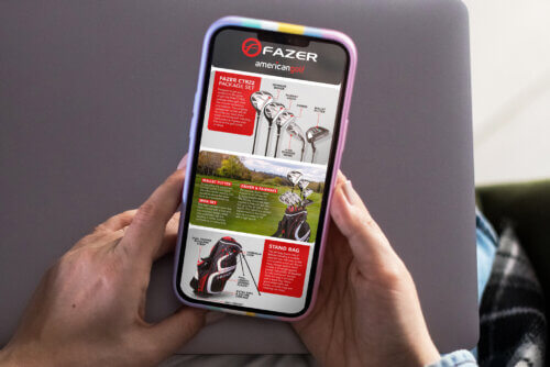 American Golf Fazer Product Page – Venture Forge - Venture Forge Smartphone showing American Golf’s Fazer product page with golf clubs and accessories, representing optimised brand content on Amazon.