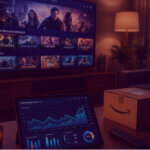 Tablet showing analytics dashboard beside Amazon delivery box and TV, representing DSP advertising performance and media strategy.