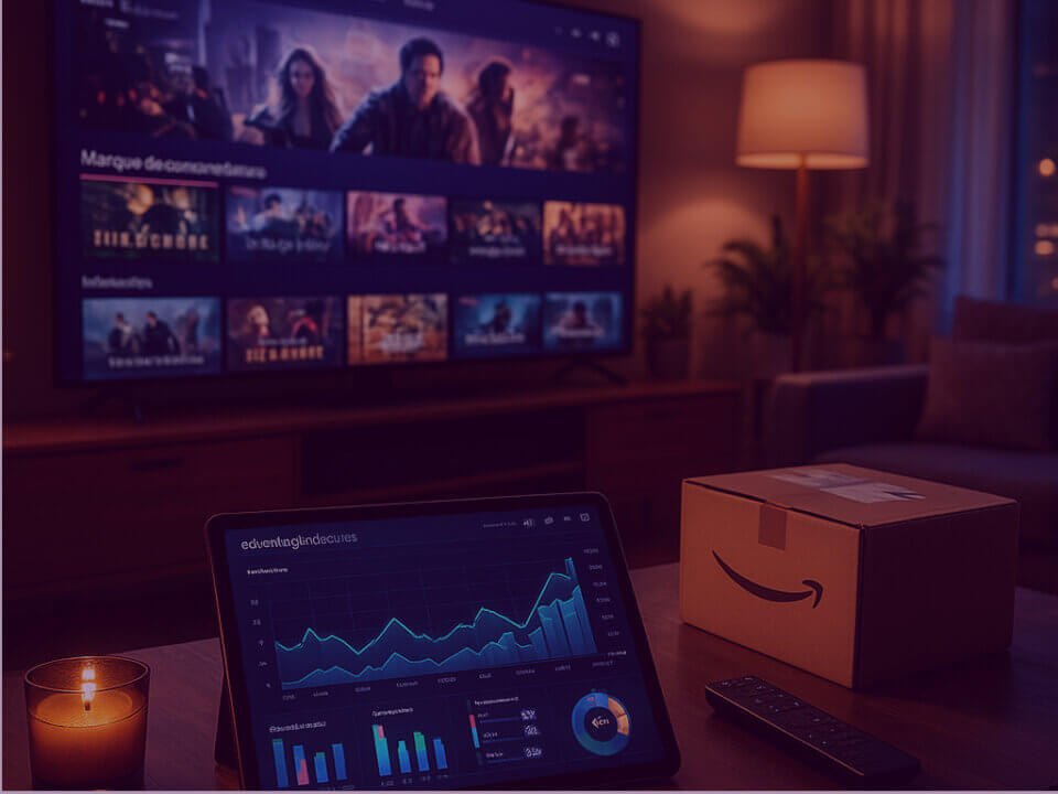 Tablet showing analytics dashboard beside Amazon delivery box and TV, representing DSP advertising performance and media strategy.
