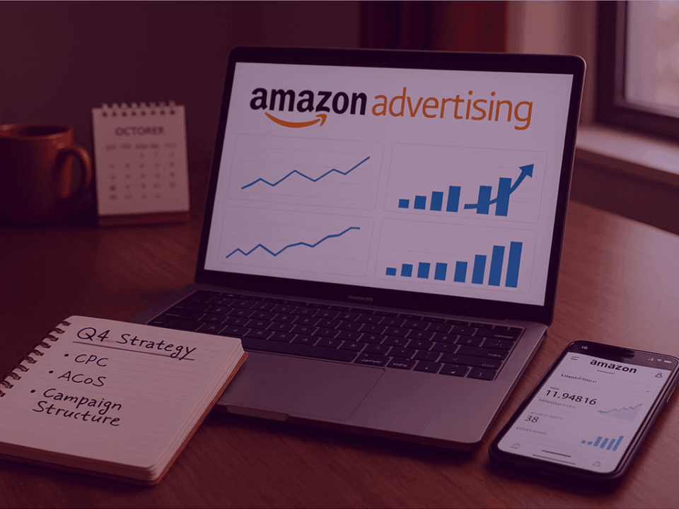 Laptop showing Amazon Advertising dashboards with Q4 campaign strategy notes on CPC, ACOS, and campaign structure.