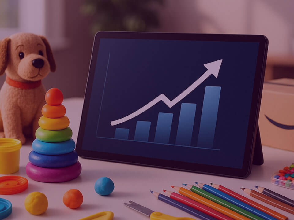 Tablet showing growth chart surrounded by children’s toys, representing Trends UK’s Amazon Vendor sales growth with Venture Forge.