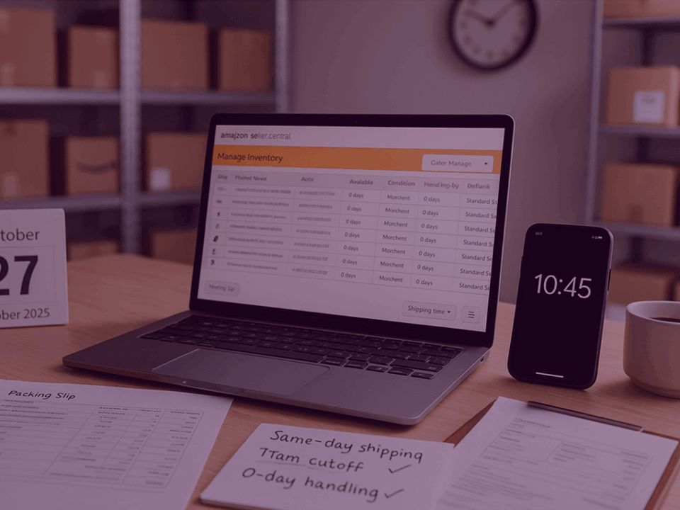 Laptop displaying Amazon Seller Central’s Manage Inventory screen with notes about same-day shipping and 0-day handling times.