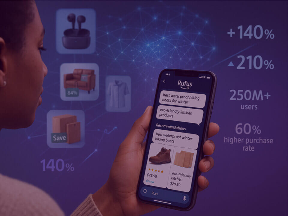 Customer using Amazon’s Rufus shopping assistant on a smartphone, with AI product suggestions and growth stats shown on screen.