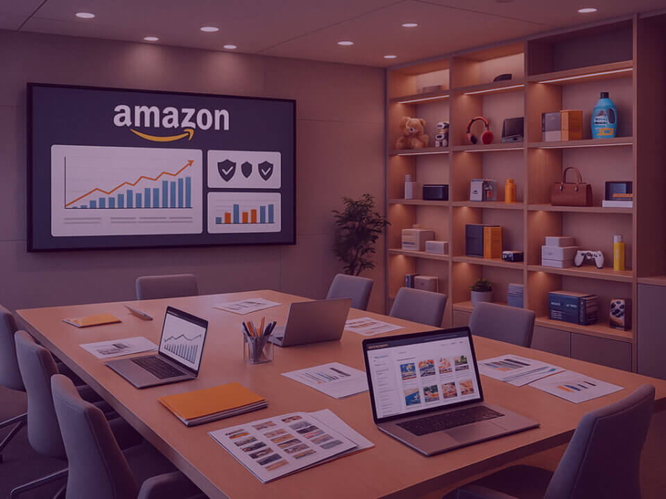 Amazon brand licensing meeting room with product displays, performance charts and laptops showing listing content and portfolio data.