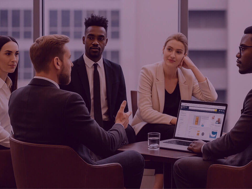 Team discussing Amazon Vendor Negotiations, reviewing performance data and strategy on a laptop during a business meeting.