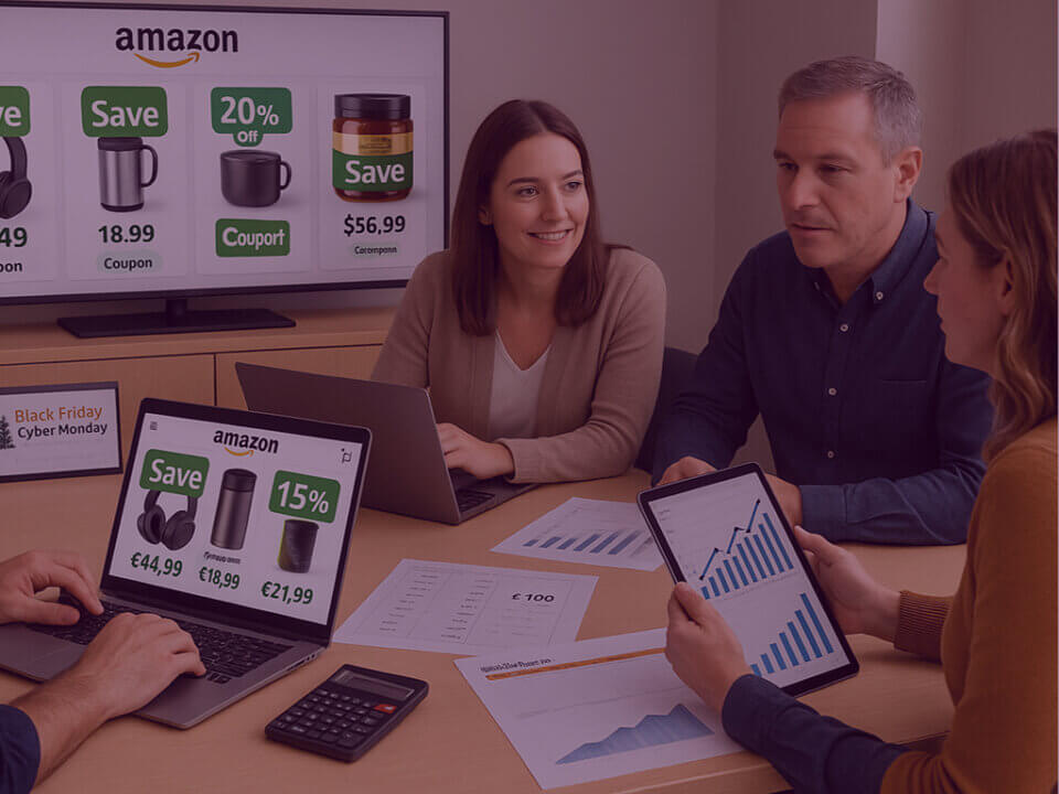 Team reviewing Amazon coupon performance and promotional costs, with laptops showing coupon discounts and Black Friday offers.