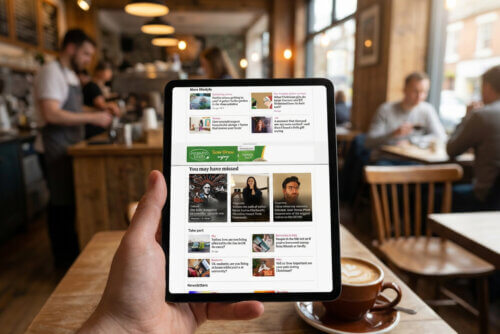 Amazon DSP Off-Site Advertising Case Study - Venture Forge Tablet displaying digital content in a café, representing off-site Amazon DSP advertising within a case study.