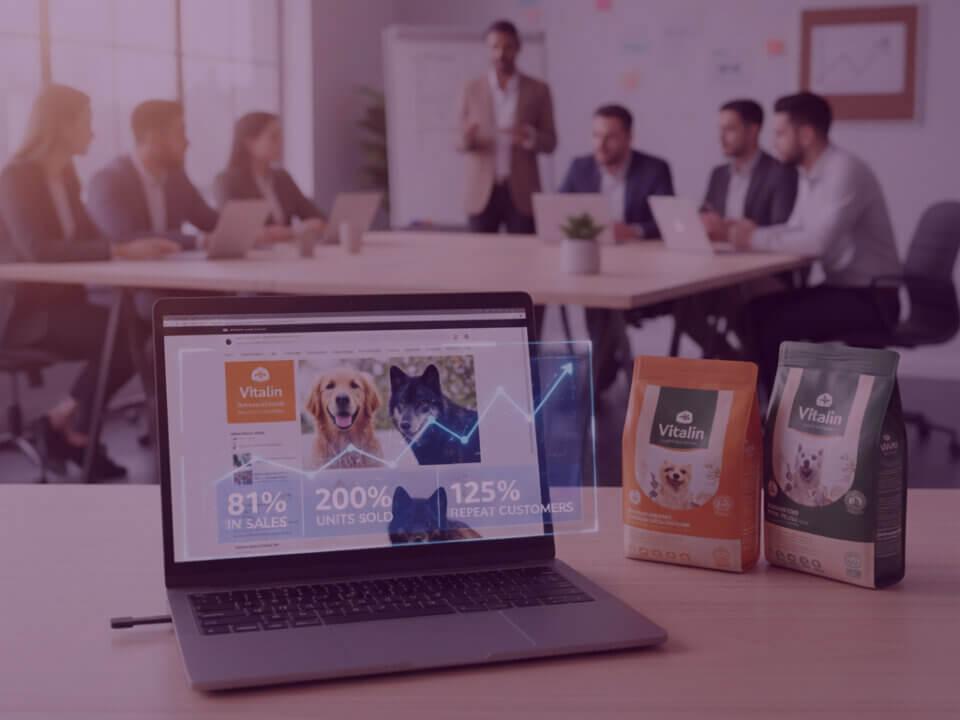 Laptop showing Vitalin dog food Amazon results with 81% sales growth, 200% more units and 125% more repeat customers in a team meeting room.