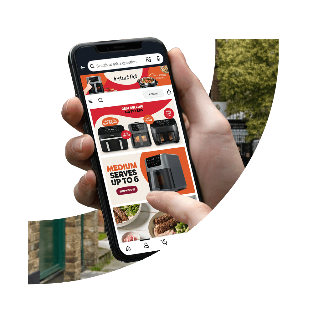 Hand holding a smartphone displaying an Amazon product listing, representing Venture Forge Content Lab and Amazon content optimisation.