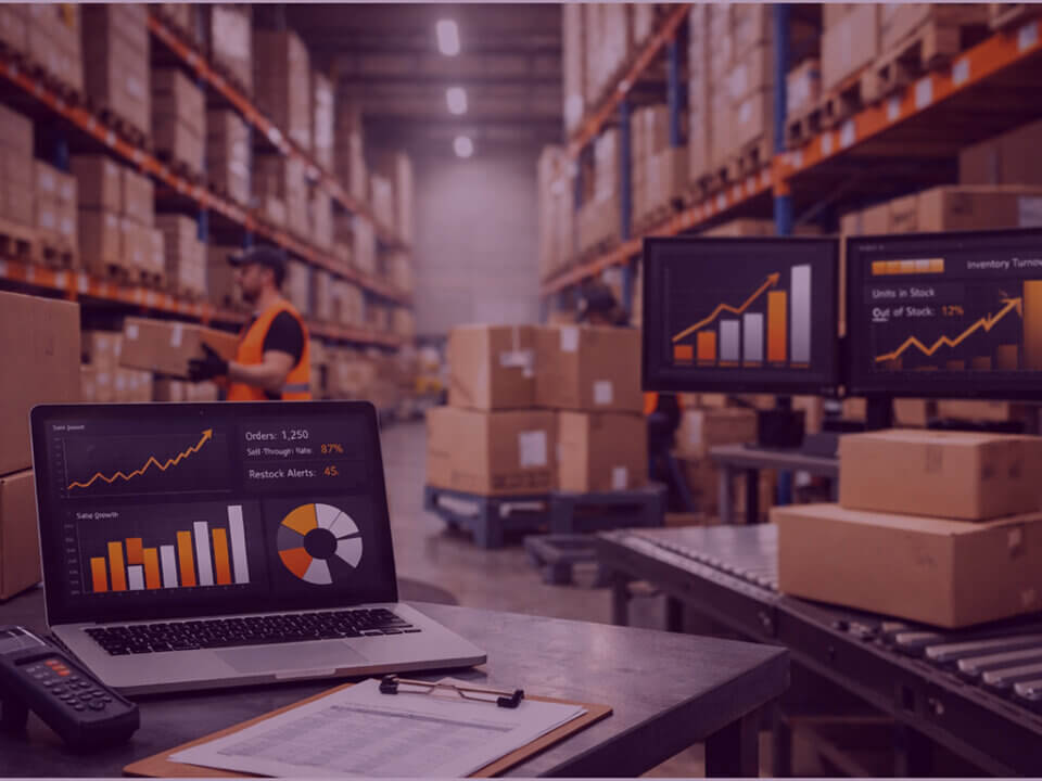 Amazon Inventory Management and Stock Performance Dashboard - Venture Forge Amazon warehouse showing inventory management dashboards, stock levels, and performance analytics for e-commerce growth
