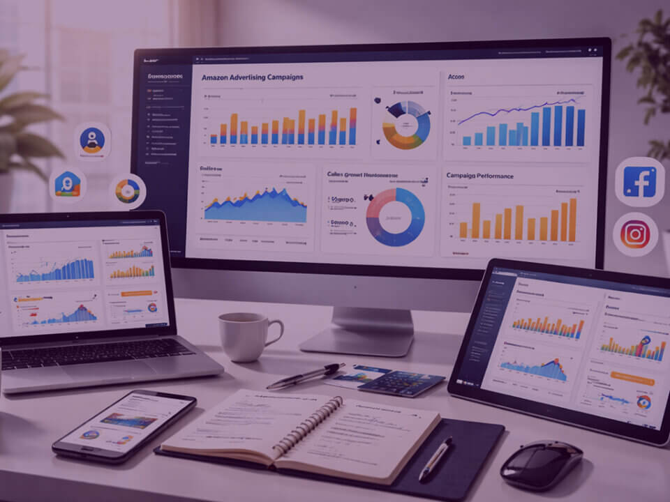 Amazon Multi-Channel Advertising Strategy Workspace - Venture Forge Amazon advertising dashboards showing multi-channel campaign performance and analytics across desktop, tablet, and mobile devices