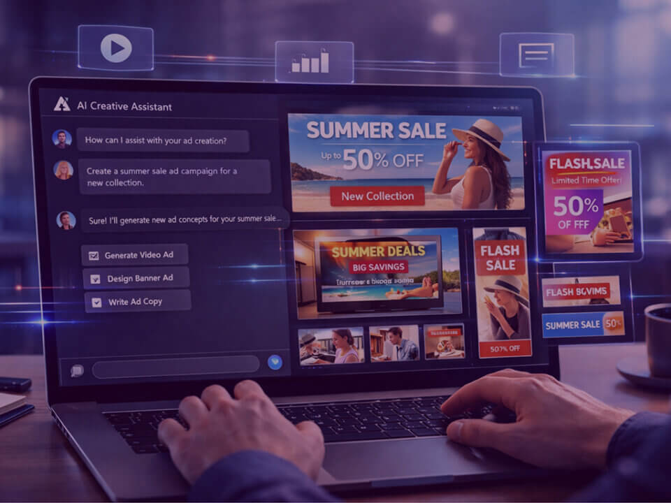 AI-driven ad creation workspace - Venture Forge AI-powered advertising creative workspace generating video and display ads through an automated marketing assistant interface