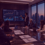 Amazon Growth Strategy Boardroom Discussion - Venture Forge Senior business leaders reviewing Amazon performance data and sales charts in a modern boardroom at dusk.