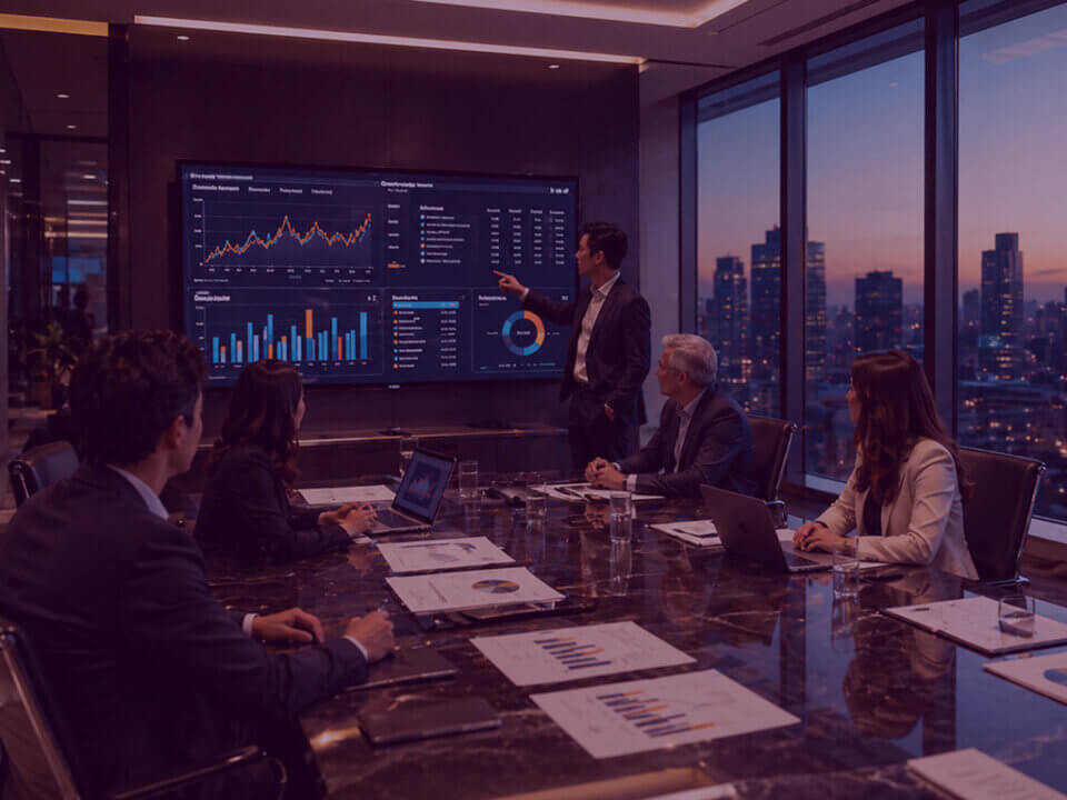 Senior business leaders reviewing Amazon performance data and sales charts in a modern boardroom at dusk.