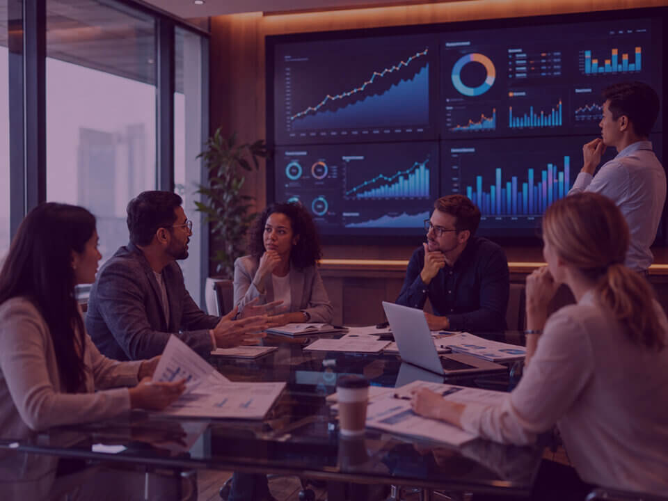 A team of professionals in a modern meeting room reviewing Amazon-style e-commerce performance dashboards and discussing business growth challenges.