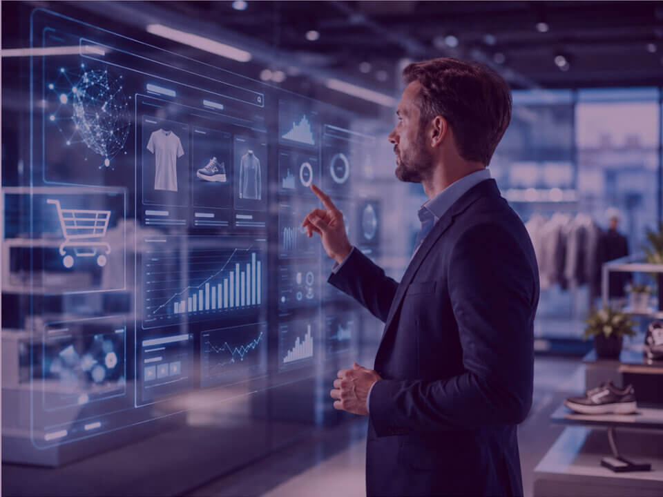 A professional reviews futuristic e-commerce analytics and AI-powered product data on a transparent digital display.