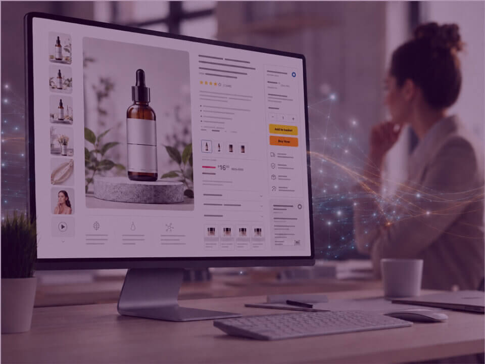 A professional reviews an Amazon-style product detail page with AI data connections in a modern workspace.