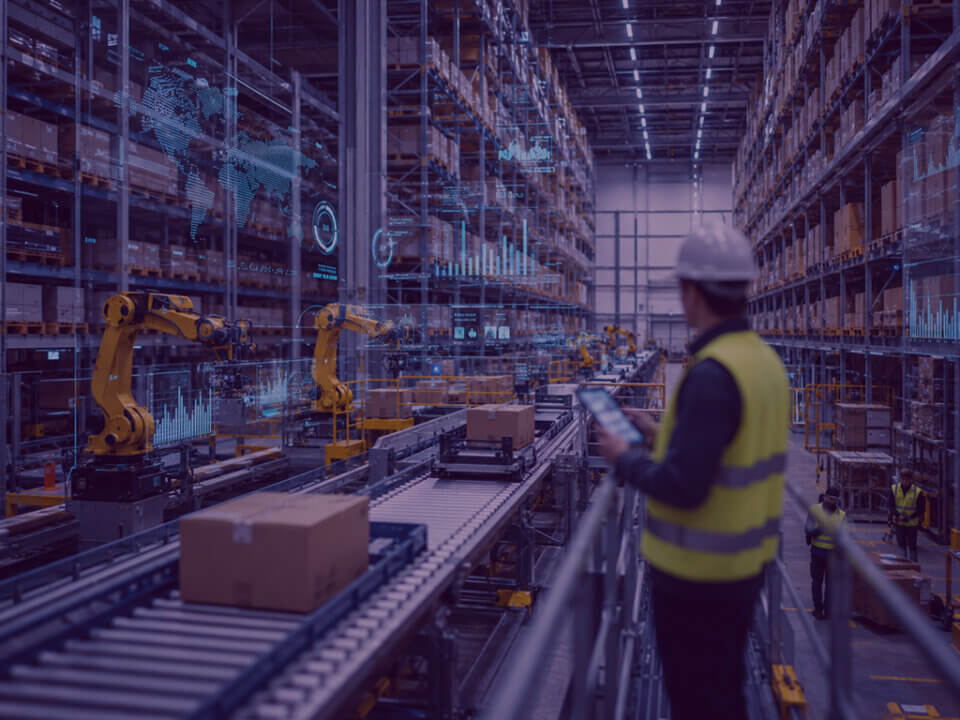 A logistics professional reviews AI-powered warehouse operations in a large automated fulfilment centre.