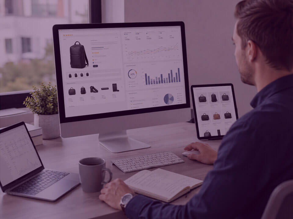 Amazon Content Performance Review - Venture Forge Person reviewing Amazon content performance data on a desktop screen to improve product listings and conversion.