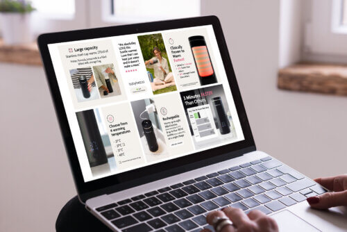 Cheeky Rascals Amazon sales dashboard - Venture Forge Laptop screen shows a grid collage of product ads and feature panels for drink warmers and bottles.