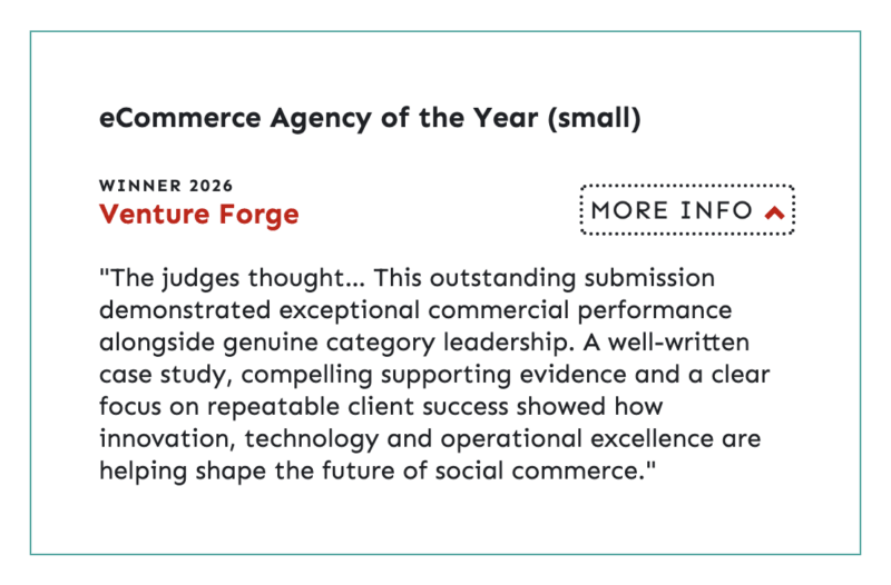 Award card stating 'eCommerce Agency of the Year (small)' with 'WINNER 2026 Venture Forge' and a 'MORE INFO' button; includes a quoted praise